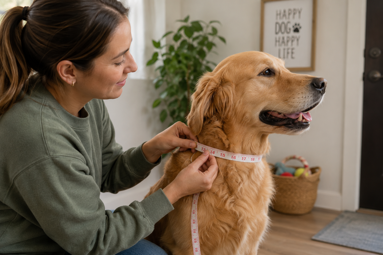Person measuring a dog's neck with a soft tape measure for collar sizing