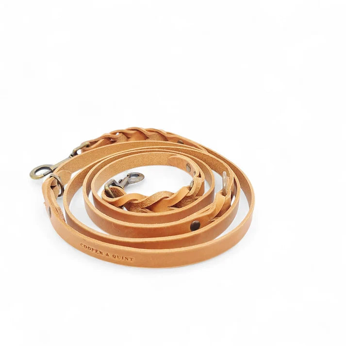 Premium cognac leather dog leash with hand-braided ends and brass hardware