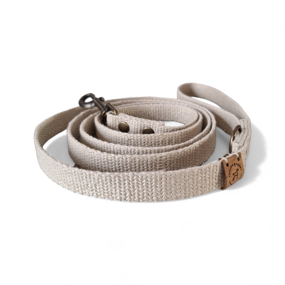 Natural undyed Shell White hemp dog leash with antique brass hardware.