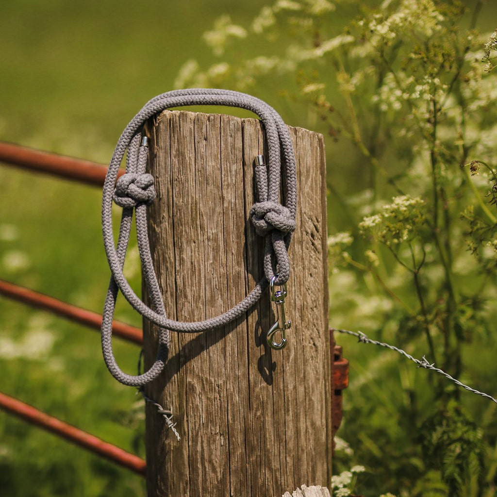 High-quality silver snap hook on a handmade gray organic cotton leash.