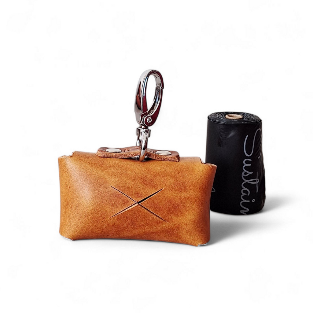 Premium Camel / Cognac Leather Poop Bag Dispenser | Luxury Silent Waste Bag Holder
