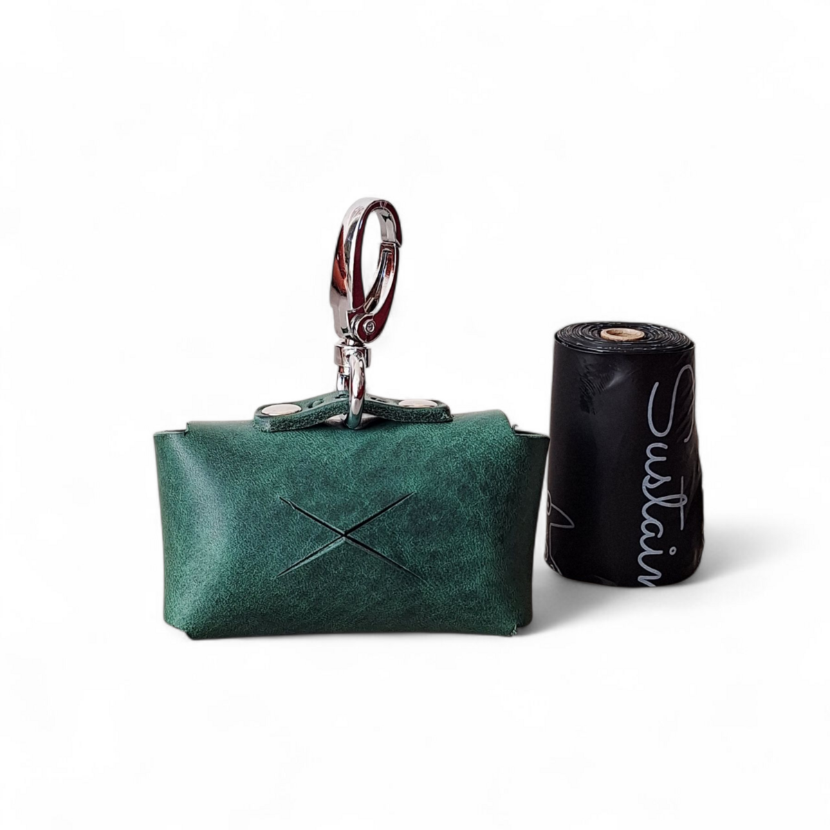 Premium Forest Green Leather Poop Bag Dispenser | Silent & Sustainable Waste Bag Holder