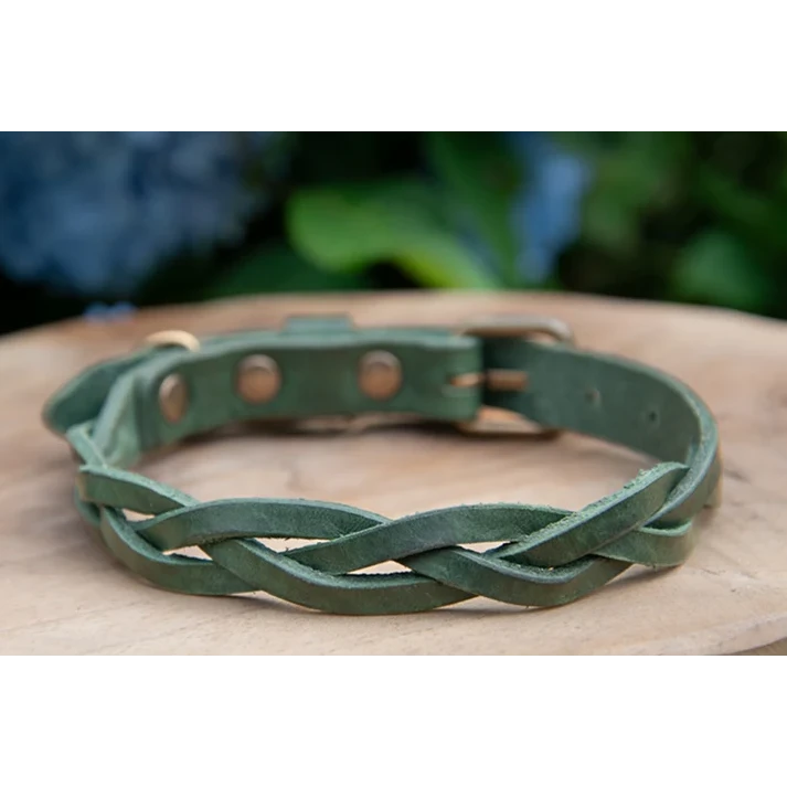 Twisted Braided Leather Dog Collar – Forest Green | Handcrafted & Sustainable