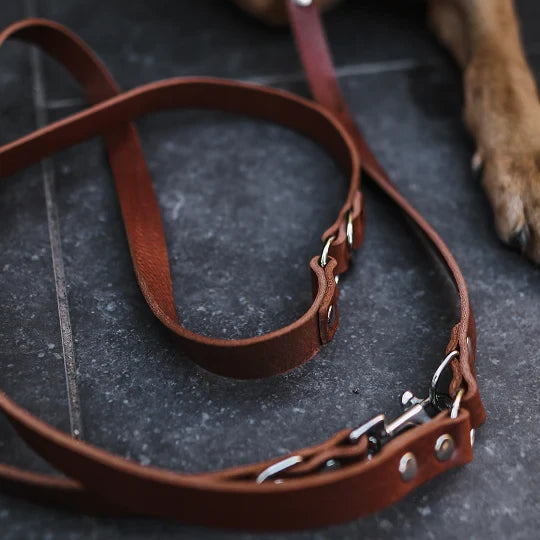 Detail of full-grain Italian vegetable-tanned leather on a brown multi-functional leash.
