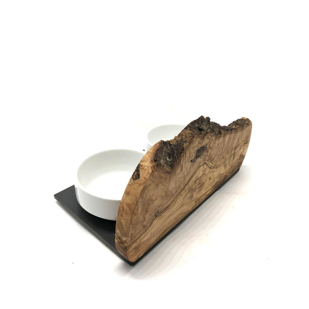 Feeding and drinking station "Cats only" 2x 0.4 liter DUO MOUNTAIN olive wood