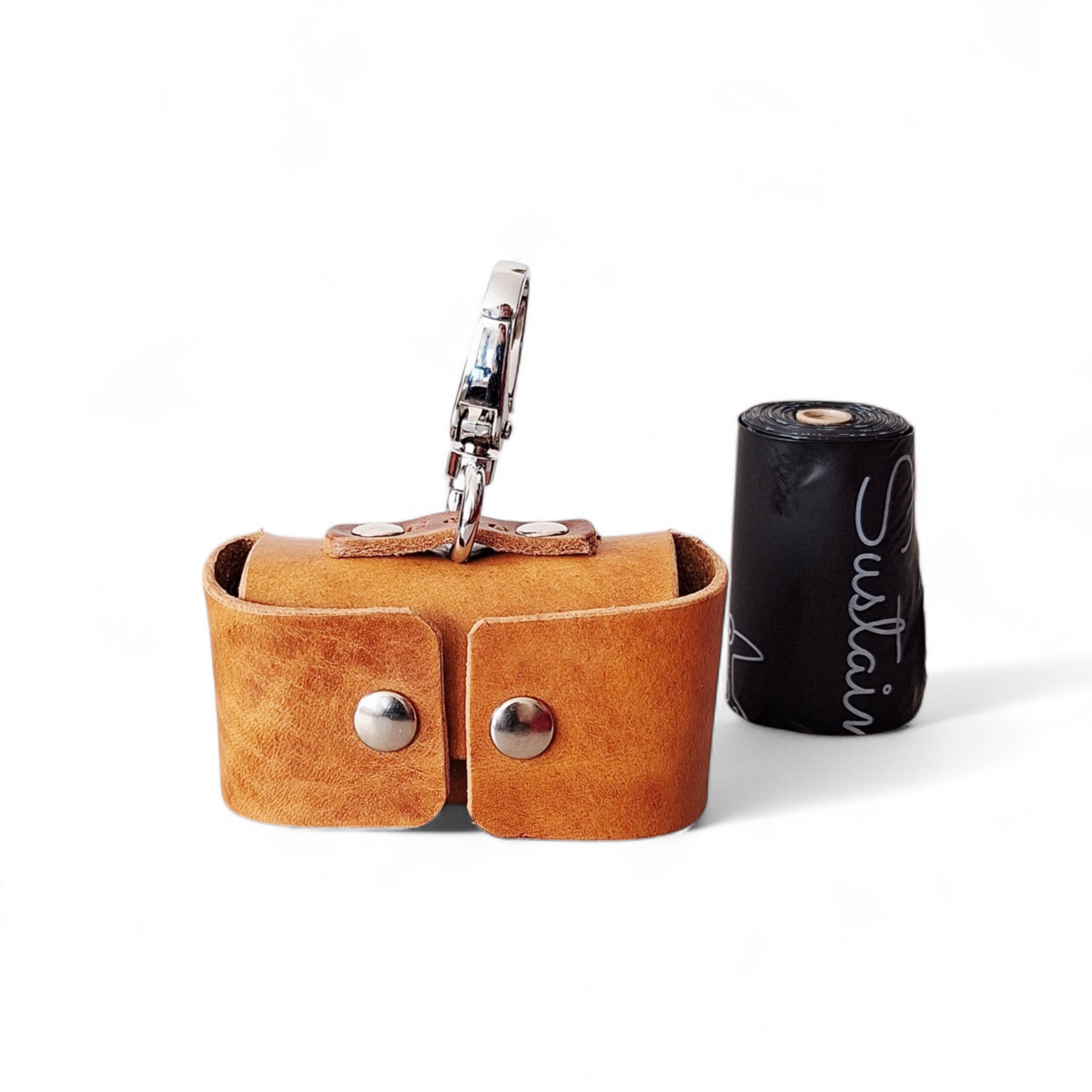 Premium Camel / Cognac Leather Poop Bag Dispenser | Luxury Silent Waste Bag Holder