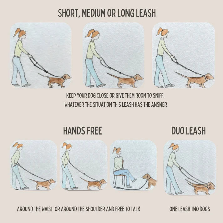 Hands-free gray organic cotton rope dog leash worn crossbody.