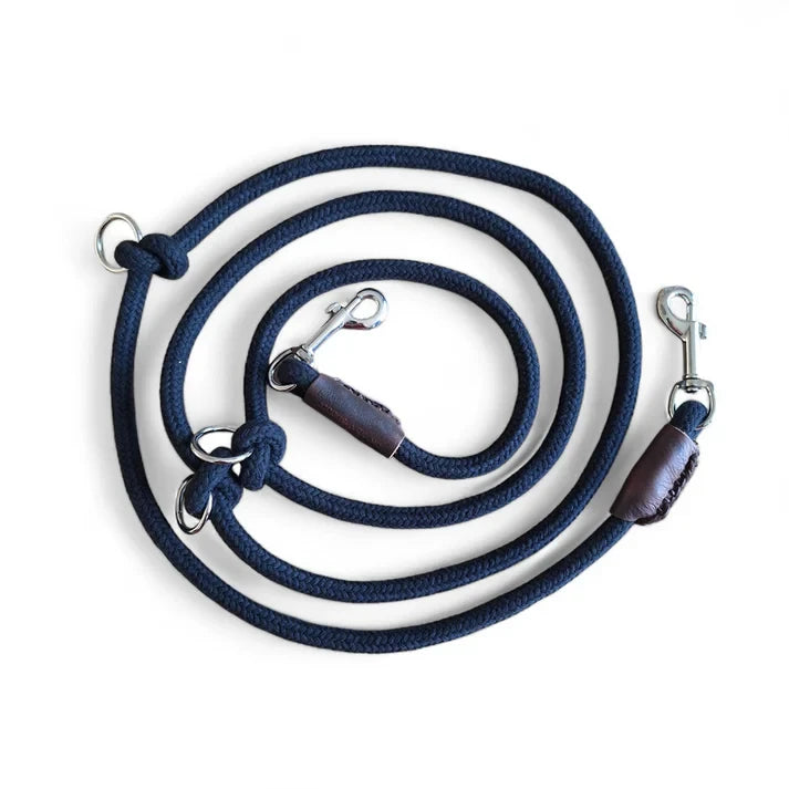 Midnight black organic cotton rope dog leash with polished silver snap hooks.