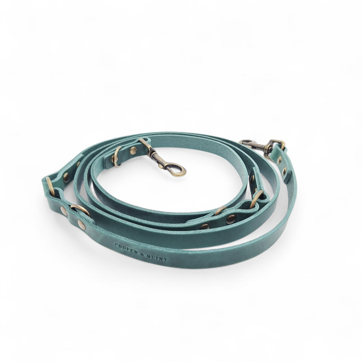 Natural forest green 3-in-1 leather dog leash with vintage brass hardware.