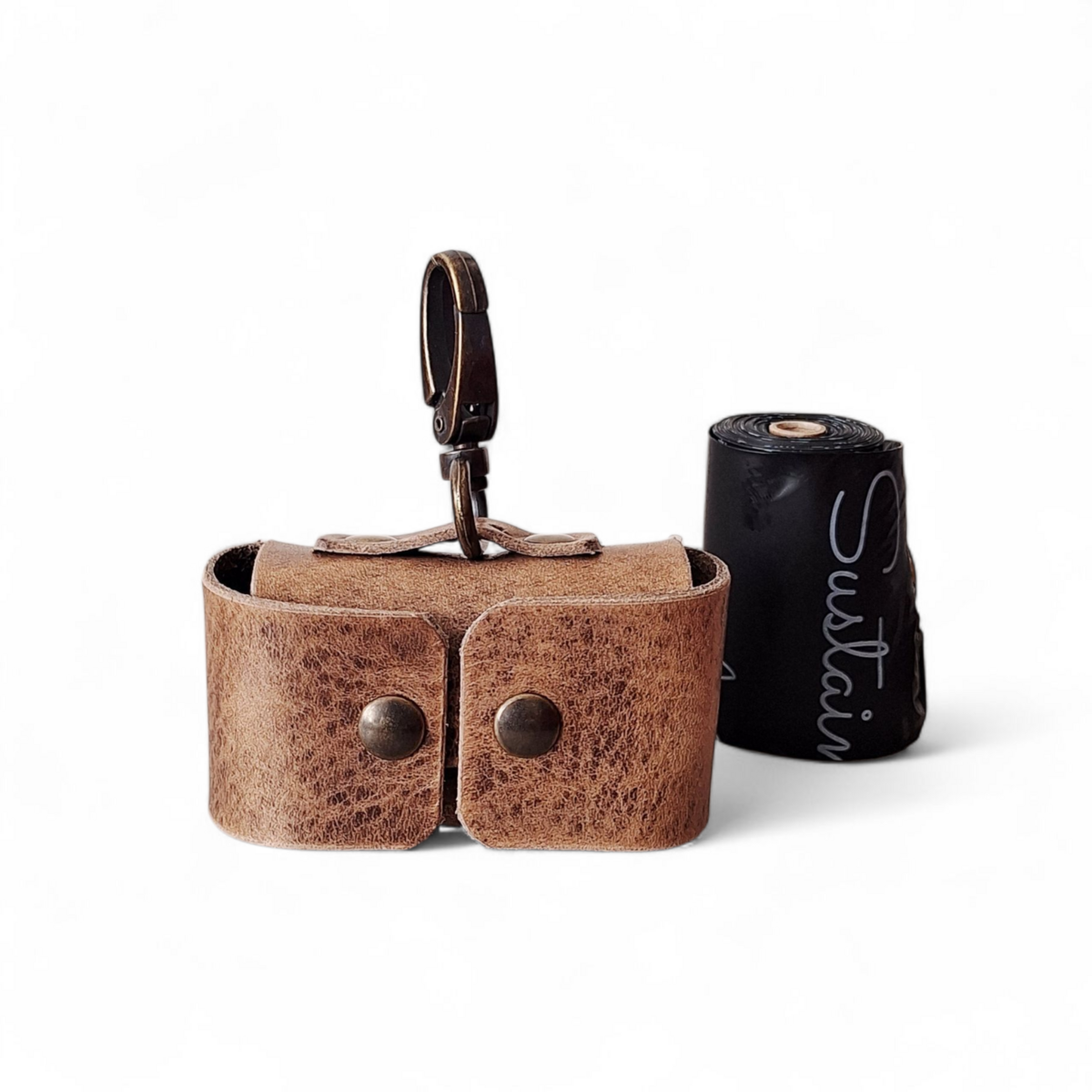 Compact and lightweight stone leather poop bag dispenser for stylish dog walks.