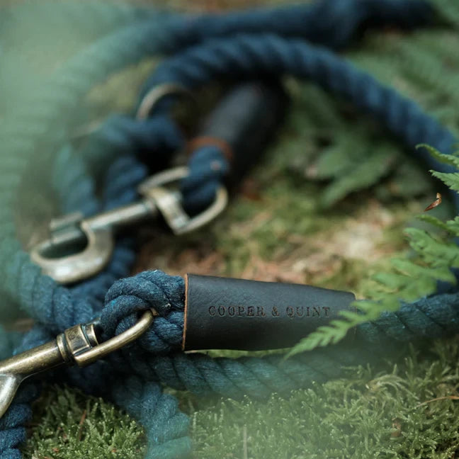 Midnight Blue twisted organic cotton rope dog leash with antique brass hardware.