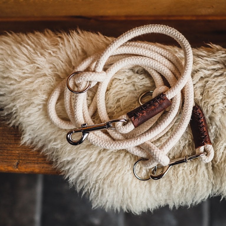 Just Cotton 3-in-1 Adjustable Rope Leash – Natural Ecru | 100% Organic & Hands-Free