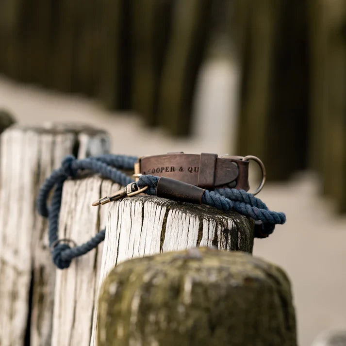 "Close-up of vintage brass snap hook and 3-way adjustment ring on a blue rope leash.