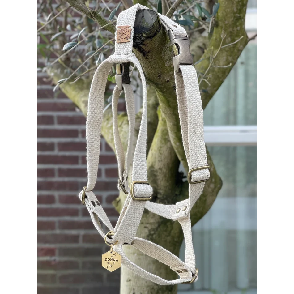 Close-up of high-quality European hemp cord and antique brass hardware 