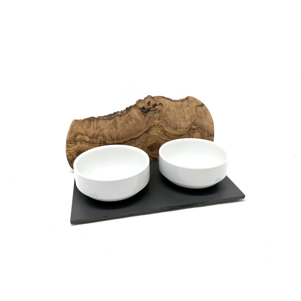 Feeding and drinking station "Cats only" 2x 0.4 liter DUO MOUNTAIN olive wood