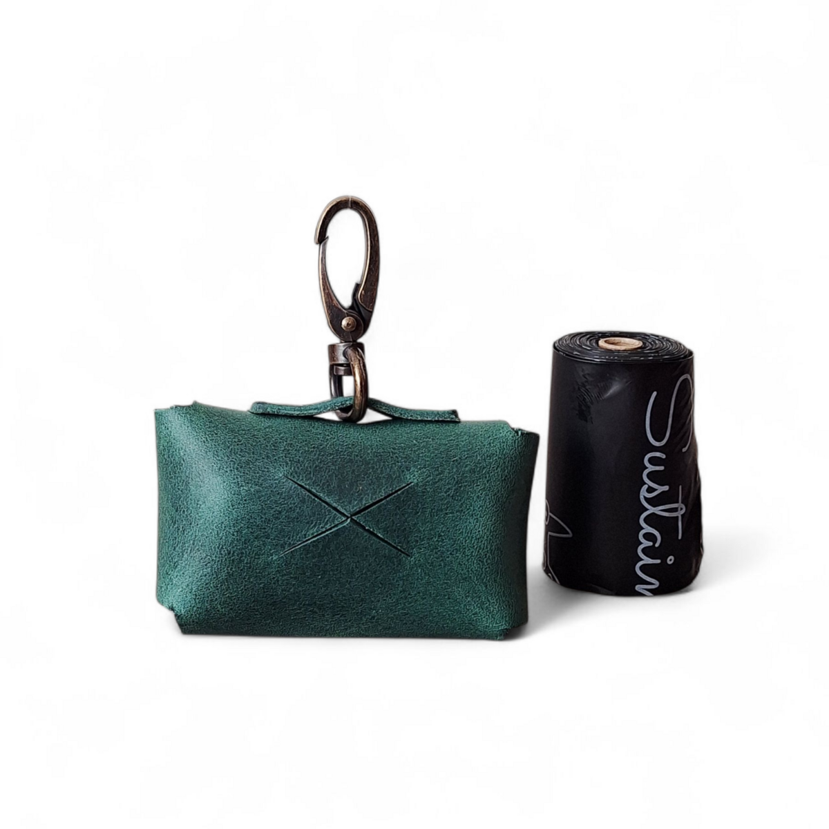 Premium Forest Green Leather Poop Bag Dispenser | Silent & Sustainable Waste Bag Holder