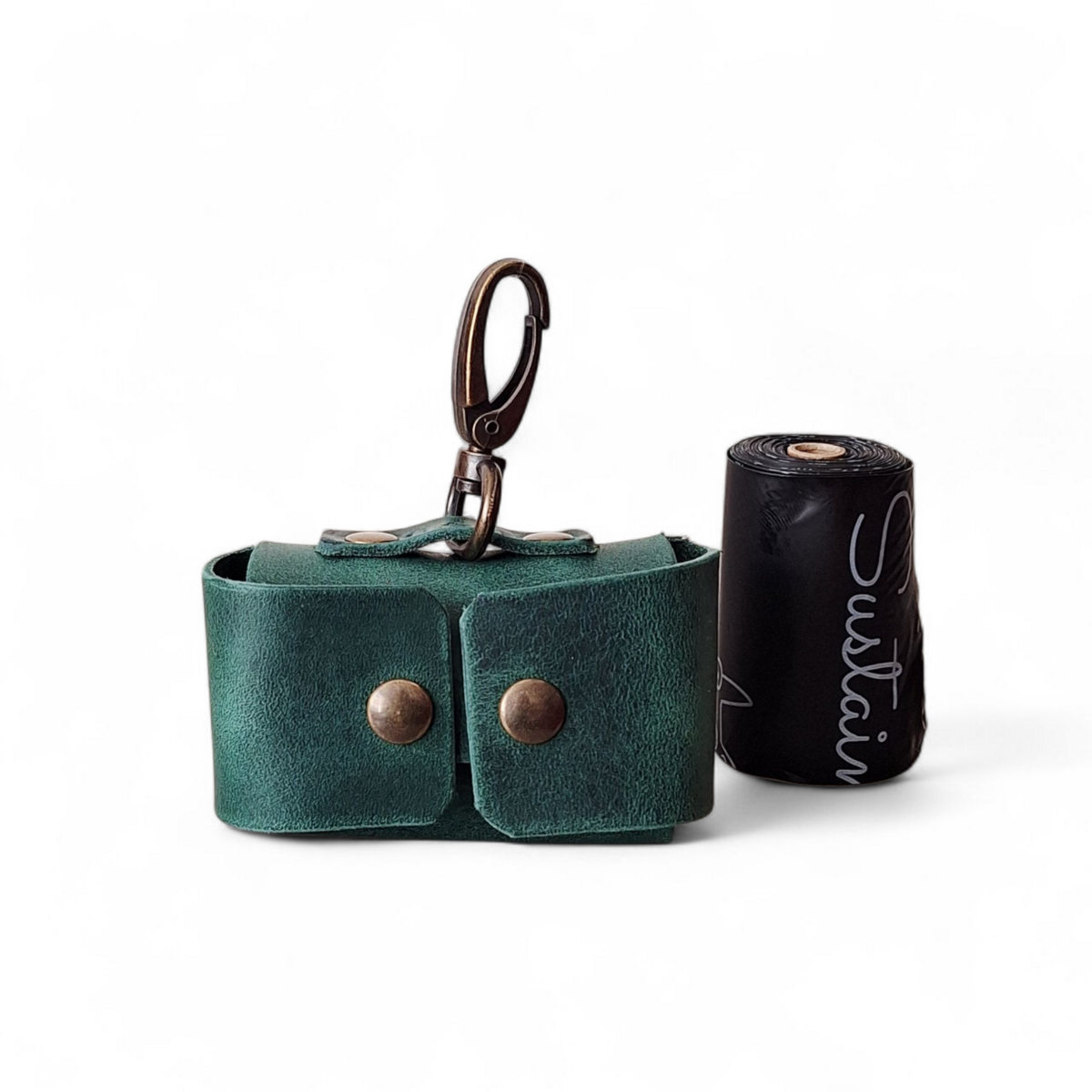 Premium Forest Green Leather Poop Bag Dispenser | Silent & Sustainable Waste Bag Holder
