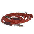 Rusty red twisted organic cotton dog leash with antique brass hardware and leather details.