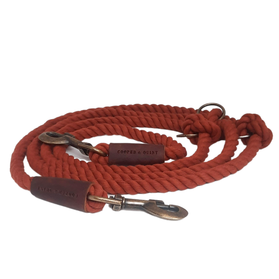 Rusty red twisted organic cotton dog leash with antique brass hardware and leather details.