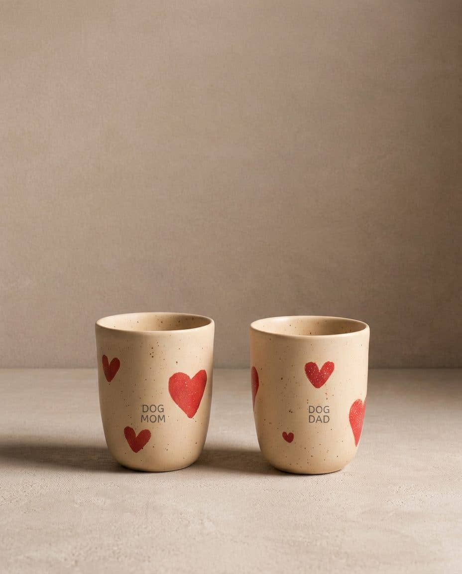 Pair of 220 ml Cozy Hearts stoneware cups with red heart motifs, side view