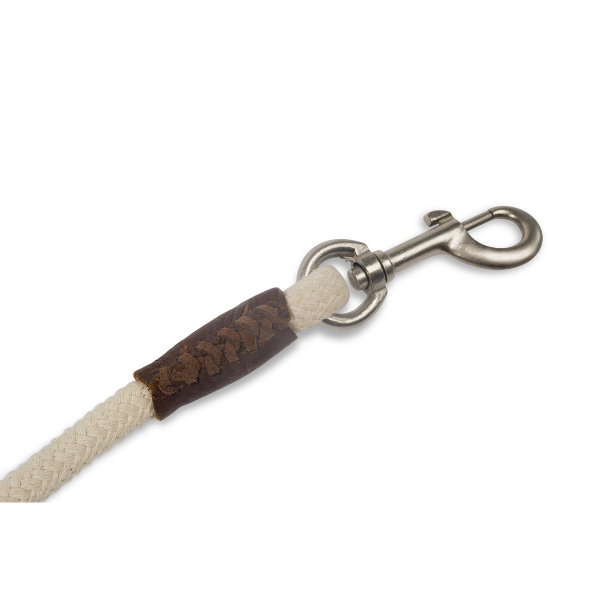 Durable silver snap hook on a handcrafted natural cotton dog lead.