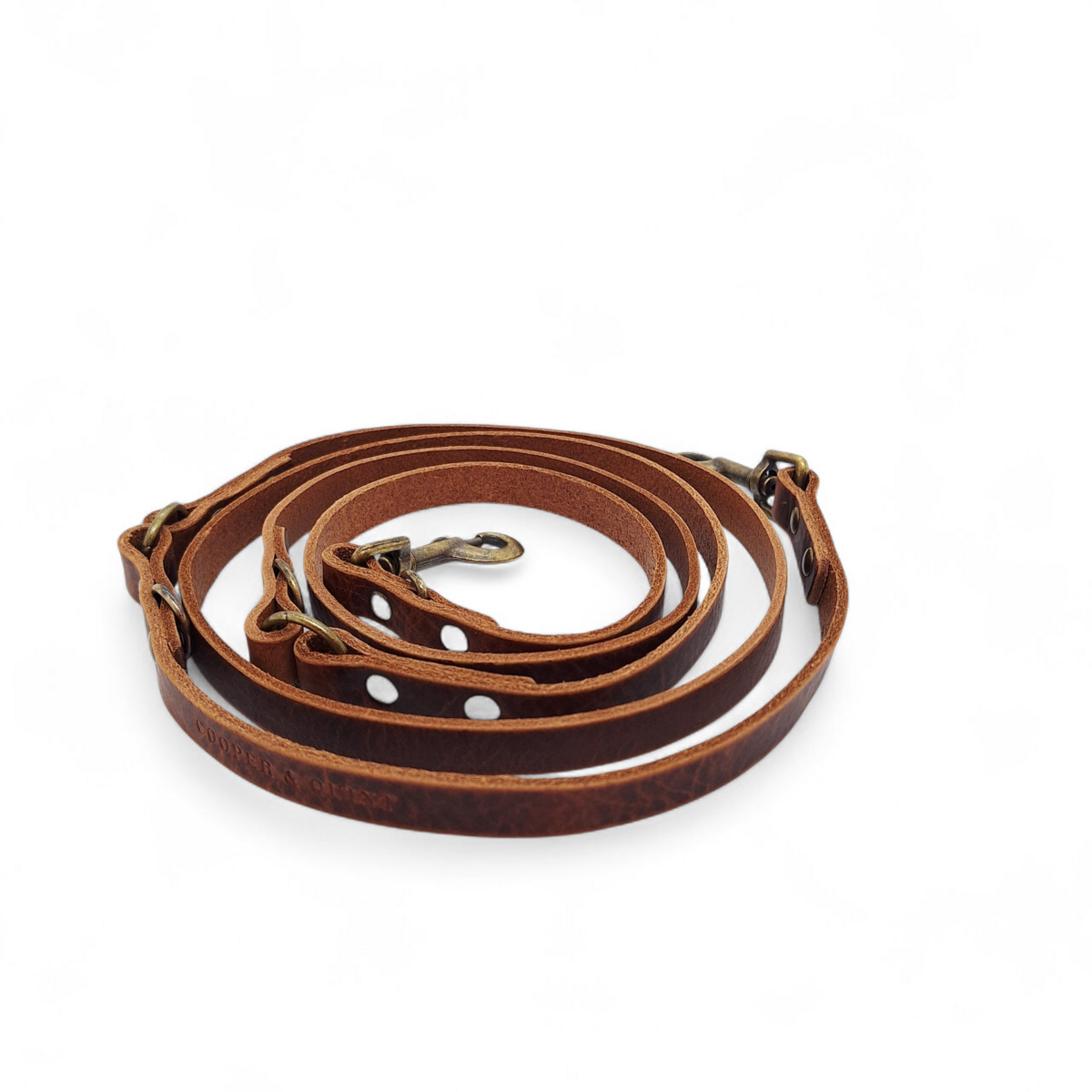 Heritage chocolate brown 3-in-1 leather dog leash with vintage brass hardware.