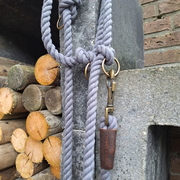Stormy gray twisted organic cotton dog leash with solid brass hardware and leather details.