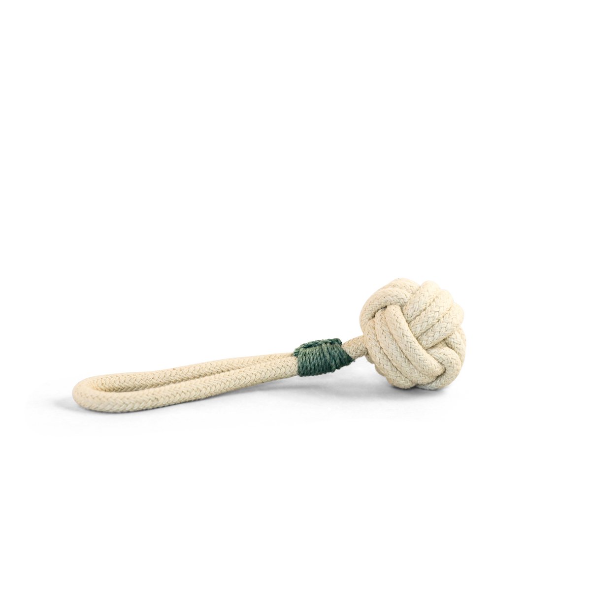 Hand-knotted natural cotton dog tug toy with a recycled Eucalyptus Green handle
