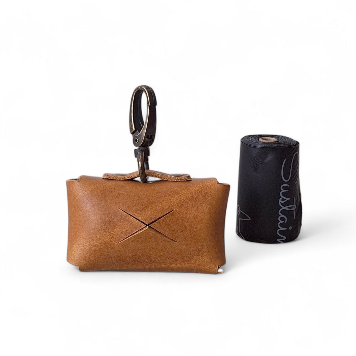 Premium Camel / Cognac Leather Poop Bag Dispenser | Luxury Silent Waste Bag Holder