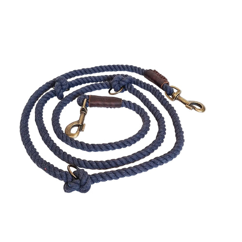 Midnight blue twisted organic cotton dog leash with antique brass hardware and adjustable rings.