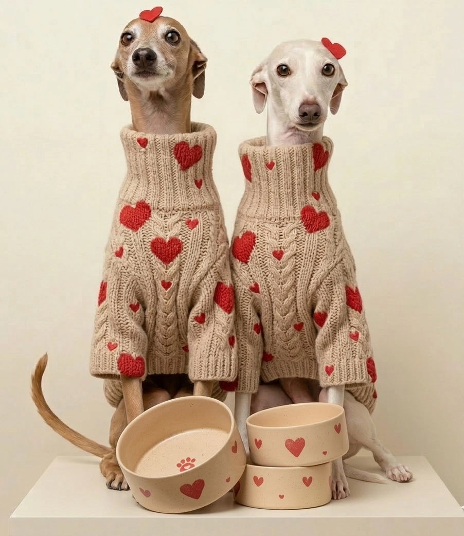 Cozy Hearts Handcrafted Stoneware Pet Bowl Set (Pack of 2)