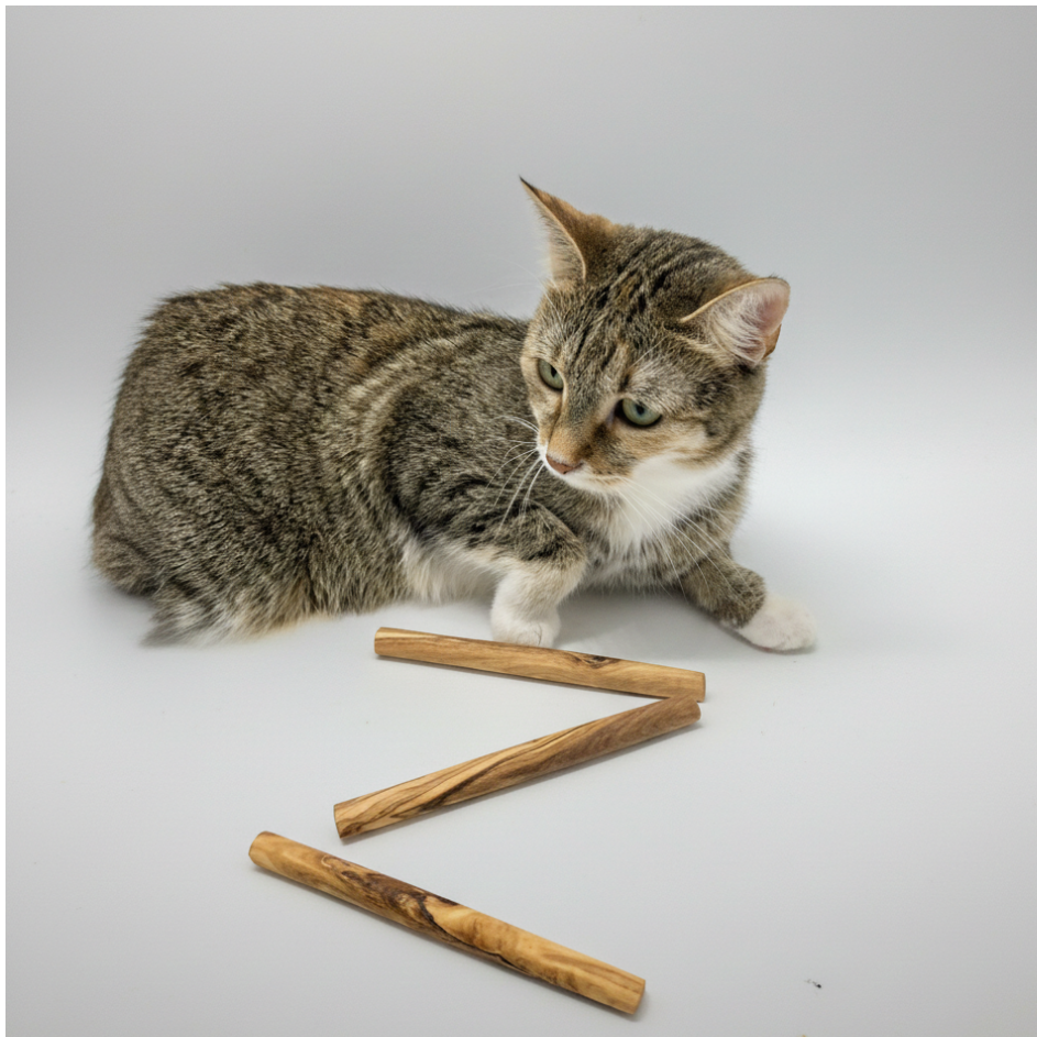 Indoor cat gnawing on an olive wood stick for dental enrichment.