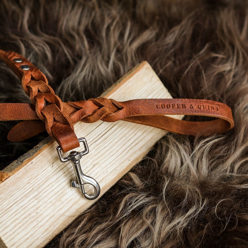 Close-up of hand-braided heritage brown Italian leather dog leash.