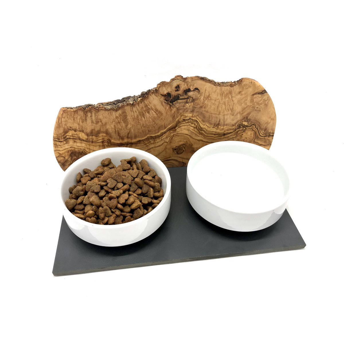 Feeding and drinking station "Cats only" 2x 0.4 liter DUO MOUNTAIN olive wood