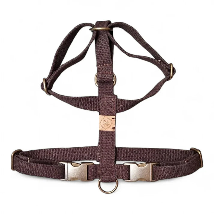 Close-up of old brass hardware on a Chestnut Brown hemp dog harness.