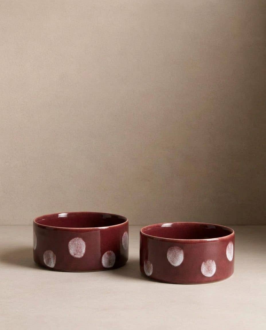 Twee Burgundy Polka Dot bakken van steengoed voor katten en kleine honden