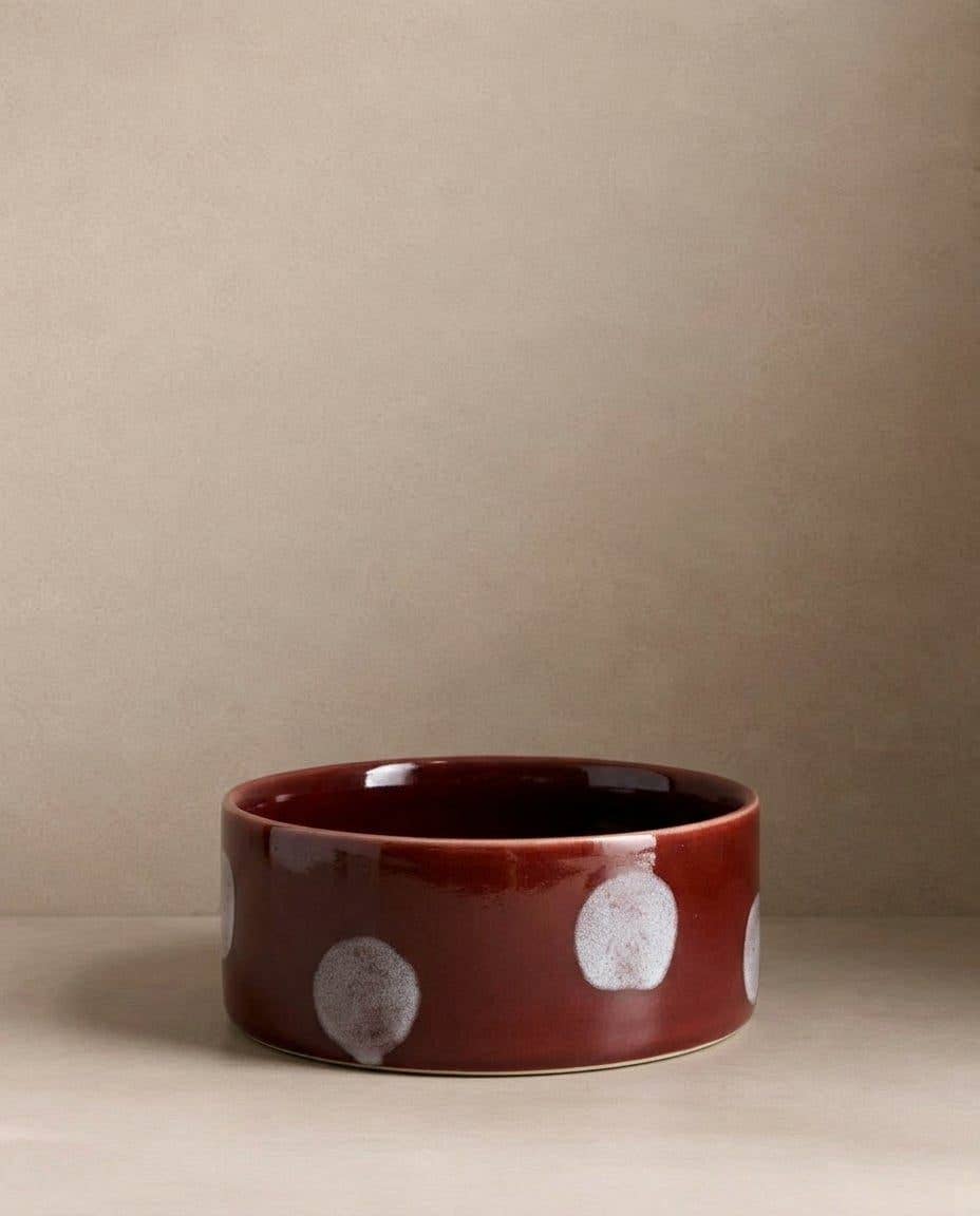 Burgundy Polka Dot bak van steengoed met witte stippen