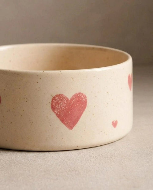 Cozy Hearts Stoneware Pet Food & Water Bowl Set, Pack of 2 - Smiley Bark