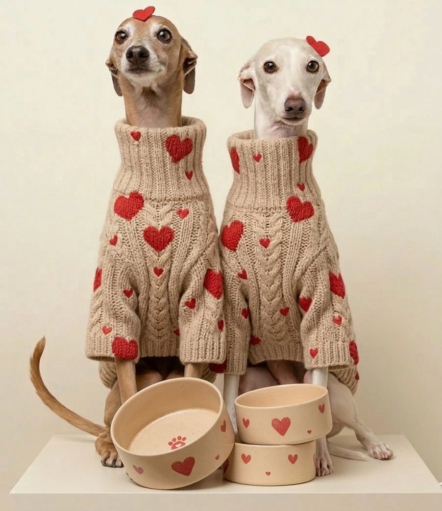 Twee windhonden in hartjestruien achter gestapelde Cozy Hearts bakken