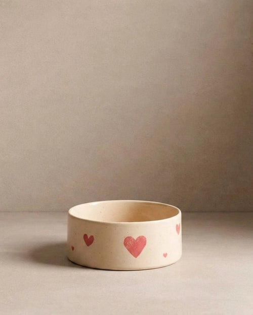 Cozy Hearts Stoneware Pet Food & Water Bowl Set, Pack of 2 - Smiley Bark