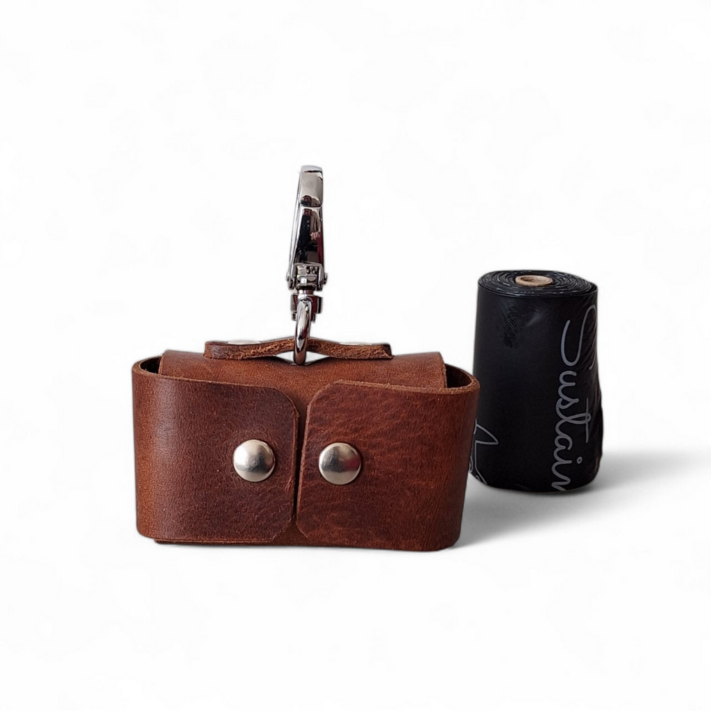 Premium Brown Leather Poop Bag Dispenser | Heritage Silent Waste Bag Holder