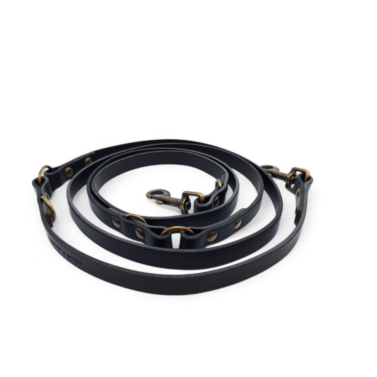 Detail of old brass hardware on a black Italian leather multi-functional leash.