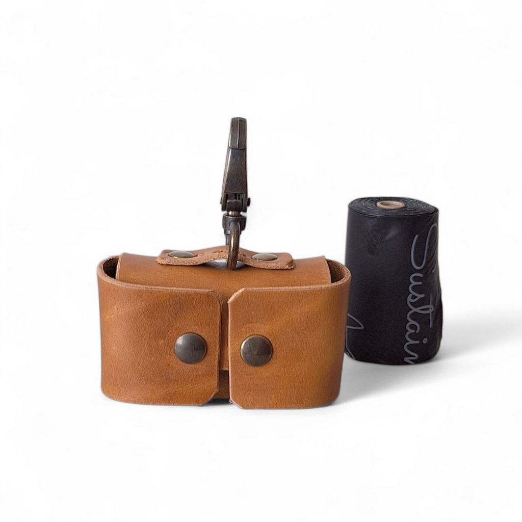 Premium Camel / Cognac Leather Poop Bag Dispenser | Luxury Silent Waste Bag Holder