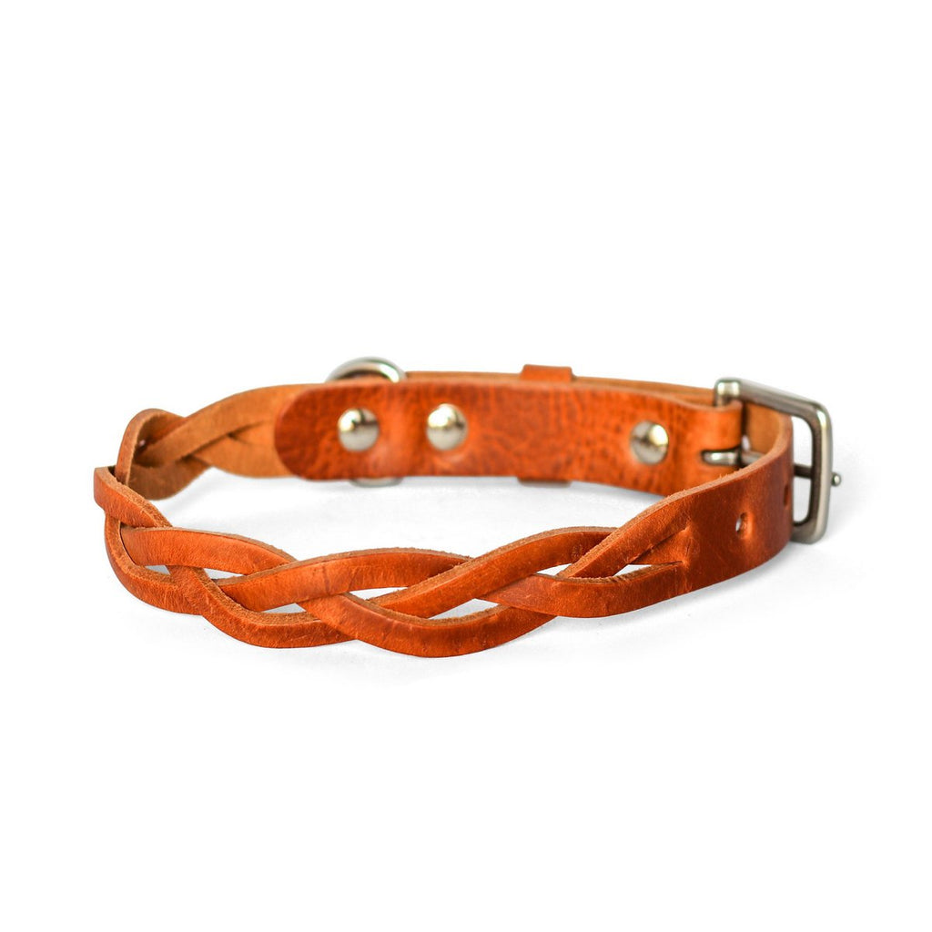 Twisted Braided Leather Dog Collar – Camel / Cognac | Handcrafted Italian Leather