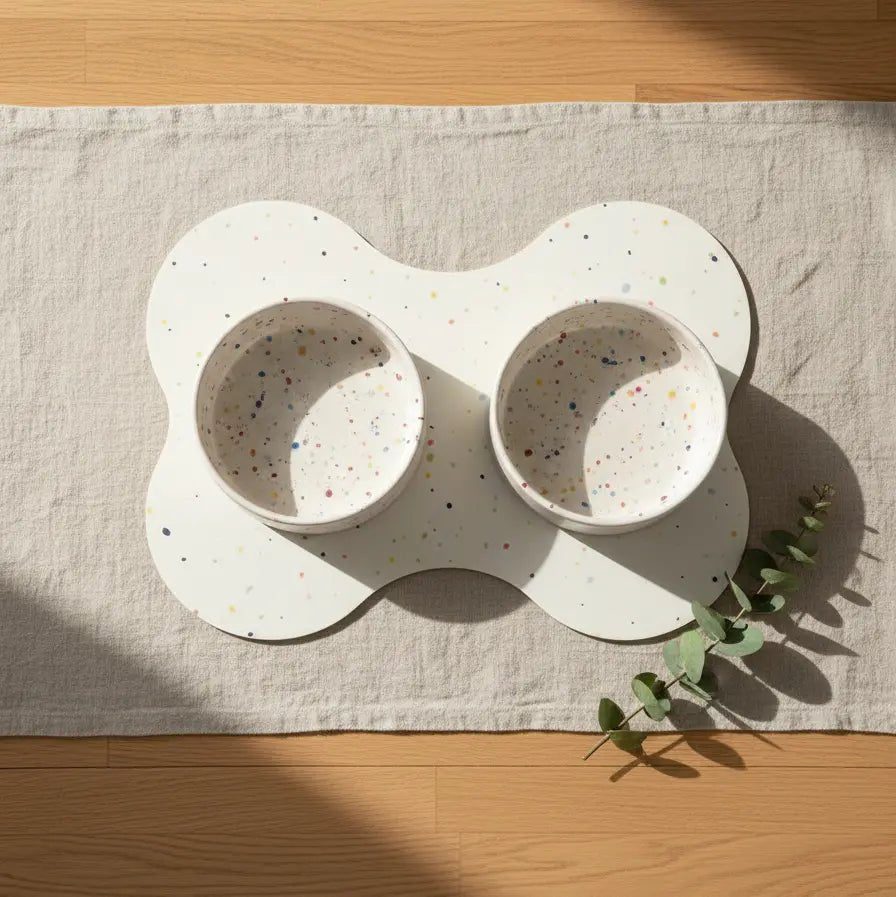 Pure White Splatter 16.5 cm bowls on a bone-shaped placemat