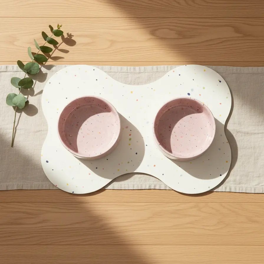 Candy Pink Splatter 16.5 cm bowls on a bone-shaped placemat