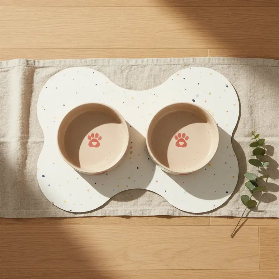 Cozy Hearts 16.5 cm bowls with paw prints on a bone-shaped placemat