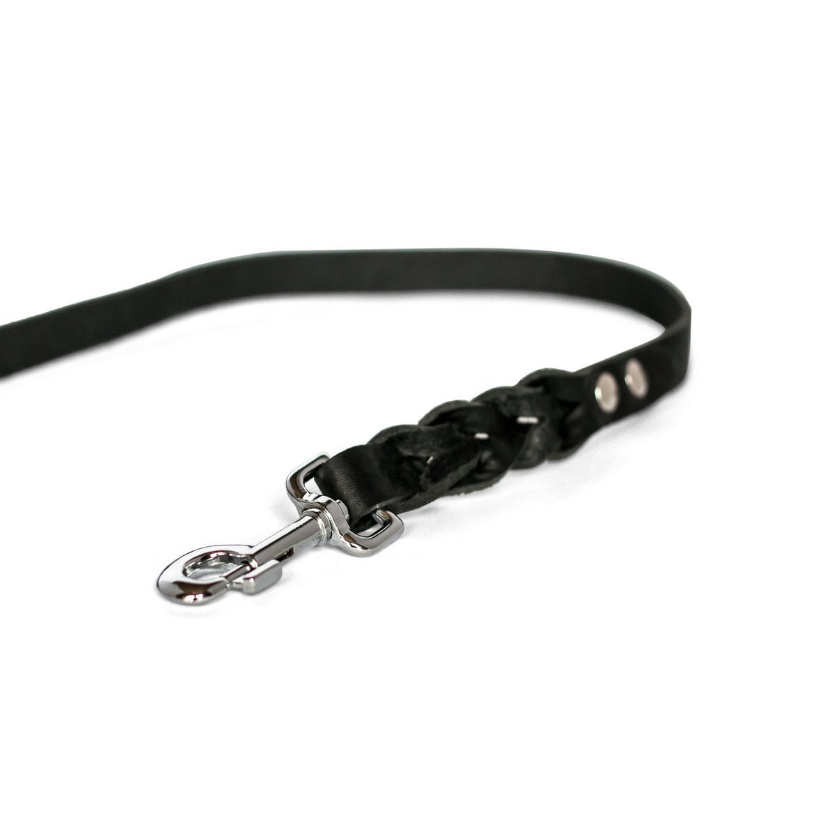 Monochromatic all-black braided leather dog leash with matte black hardware.