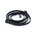 Detail of matte black hardware on a black Italian leather multi-functional leash.