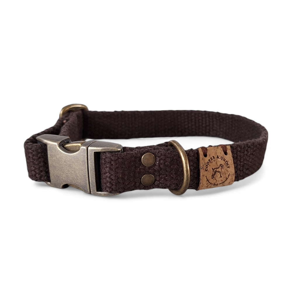 Chestnut brown hand-dyed hemp dog collar with vintage brass hardware.